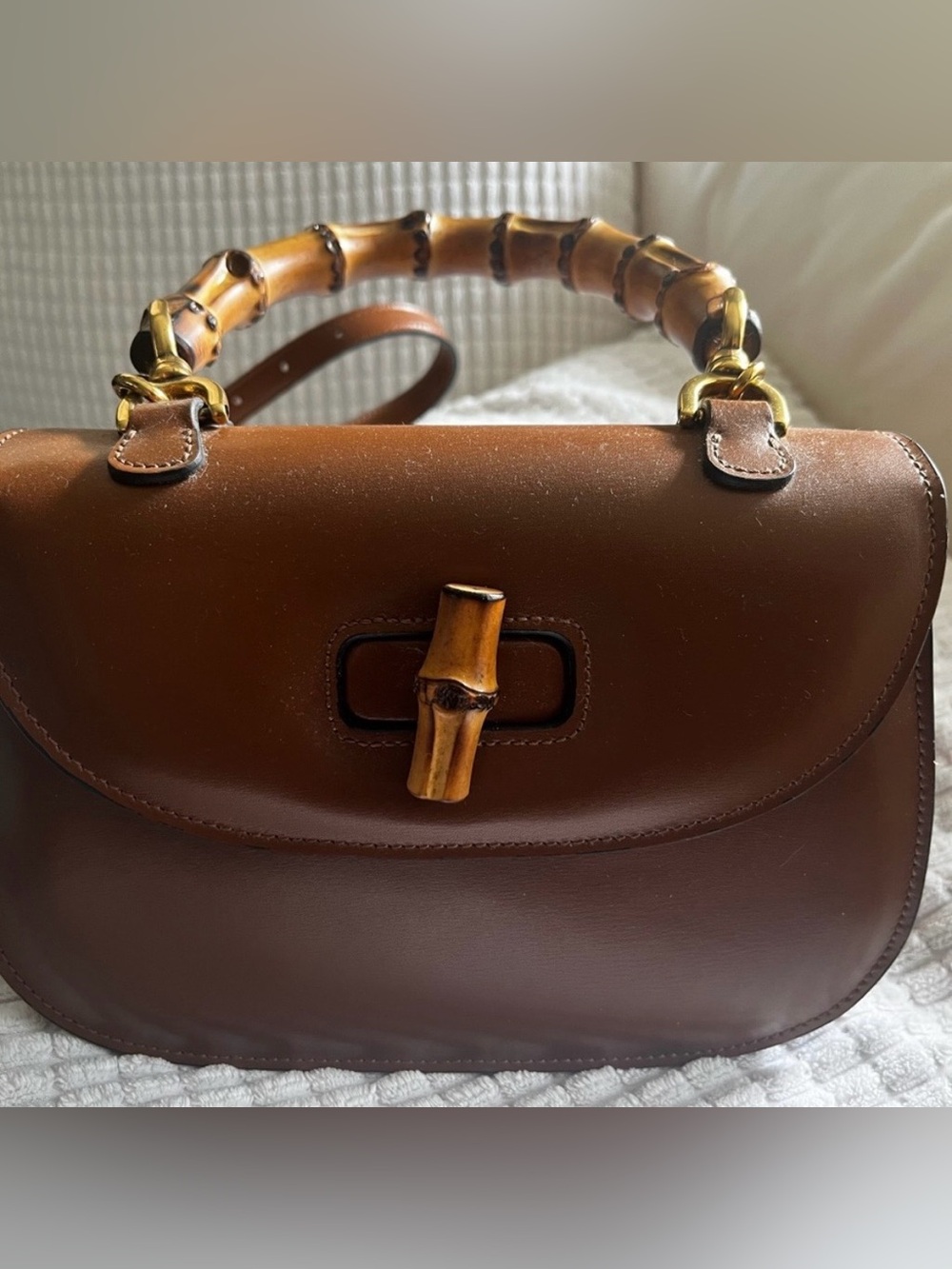Structured Brown VEGAN Leather Satchel with Bamboo Handle